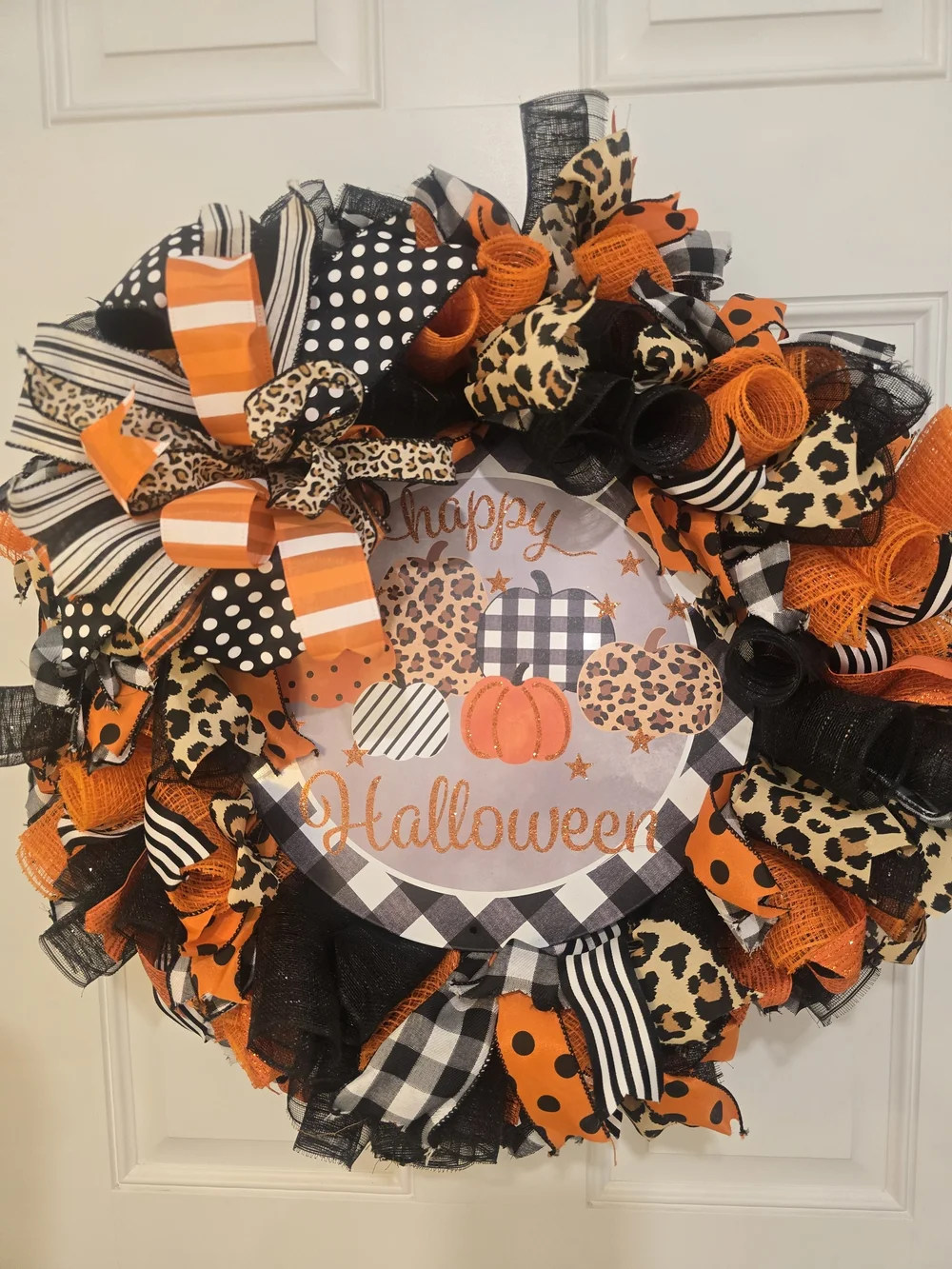 Halloween Pumpkin Wreath with Leopard and Plaid Accents